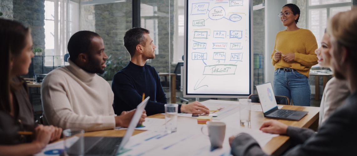 Project Manager Makes a Presentation for a Young Diverse Creative Team in Meeting Room in an Agency. Colleagues Sit Behind Conference Table and Discuss Business Development, User Interface and Design.